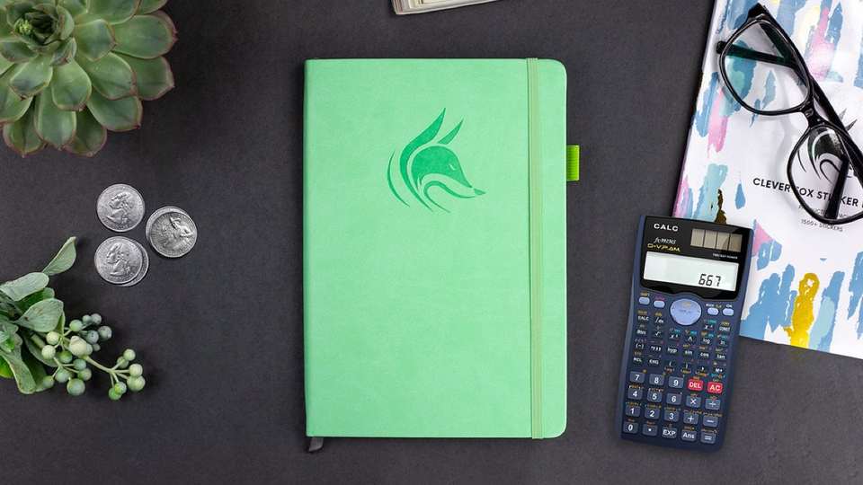 Budget planner notebook beside a calculator and coins