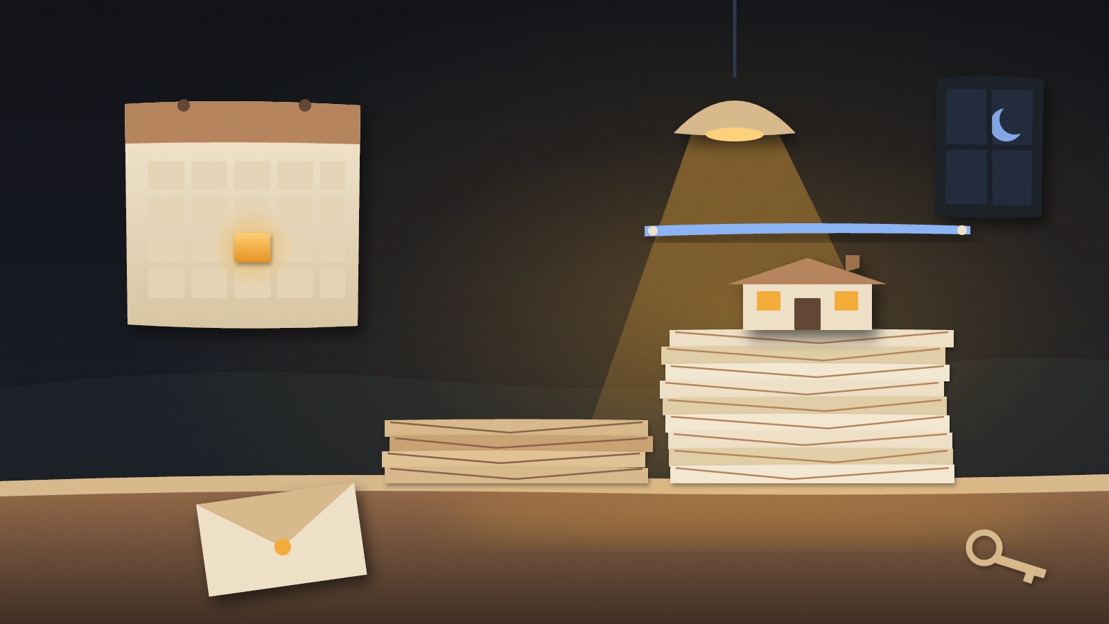 Cut-paper scene at night: a small house sits on a stack of envelopes that steps up beneath a ribbon, beside a wall calendar with one glowing day