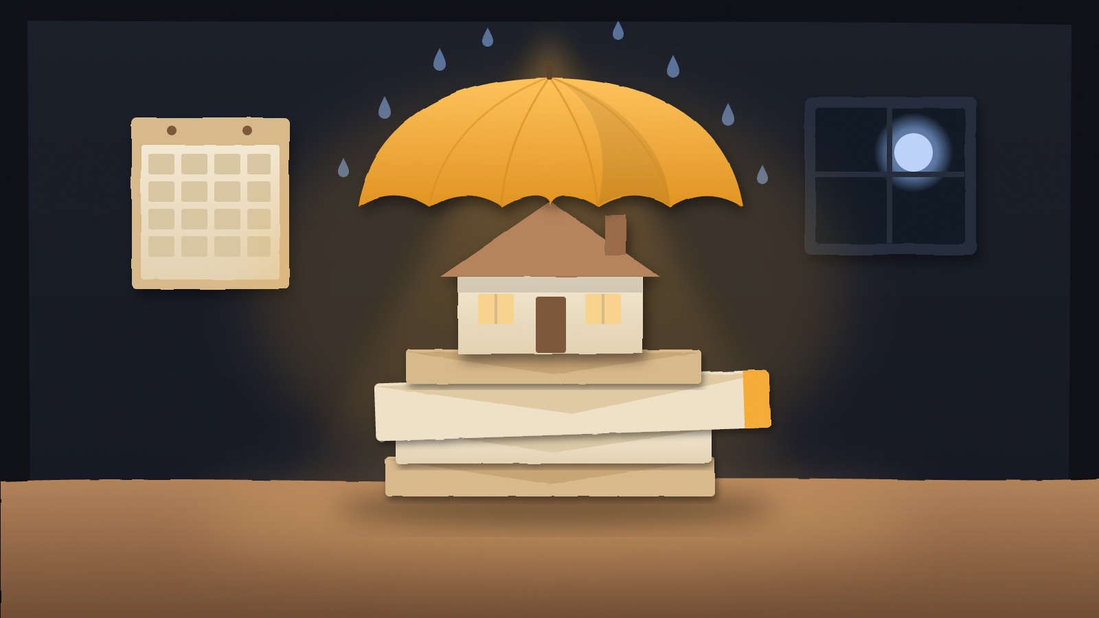 Paper-cut house under an amber umbrella resting on a stack of envelopes, one envelope thicker than the rest, lit by a kitchen lamp at night.