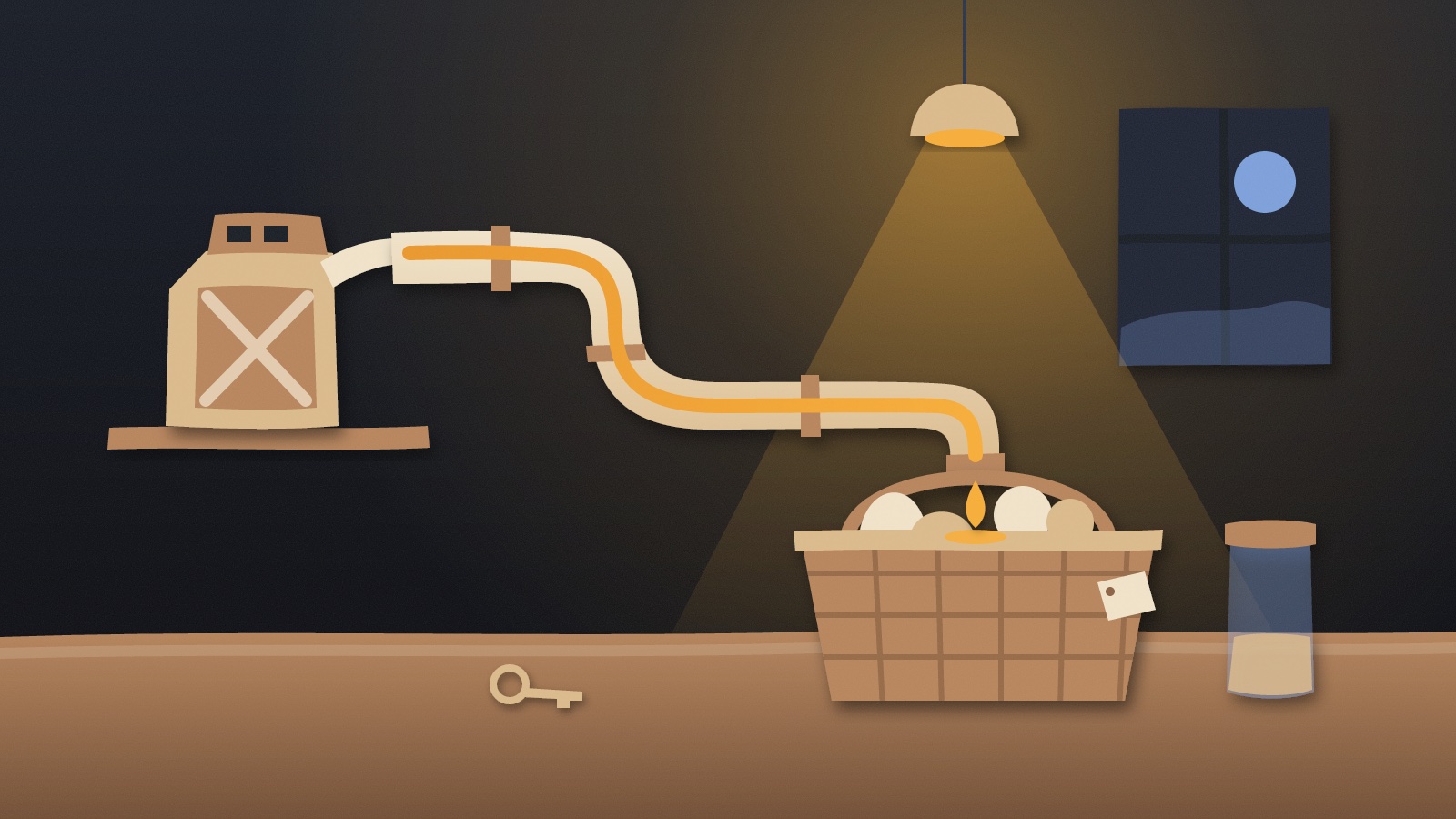 Paper-cut kitchen at night: a pipe from a fuel can on a shelf winds across the wall and drips amber into a grocery basket beside a savings jar.